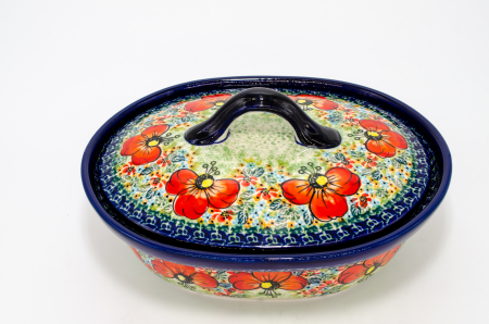 Vas oval cu capac pentru cuptor Poppies Bouquet, ceramica smaltuita, pictat manual, 22,0 x 26,0 cm, volum  1,2 L [0]