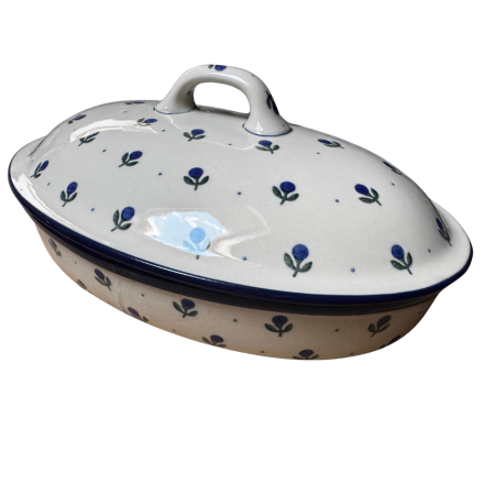 Noutăți. - Vas oval cuptor cu capac si manere, Blue Spring, ceramica smaltuita, pictata manual