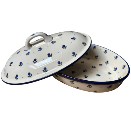 Vas oval cuptor cu capac si manere, Blue Spring, ceramica smaltuita, pictata manual [4]