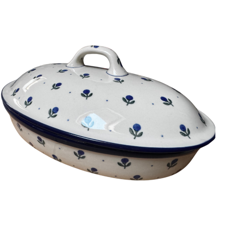 Vas oval cuptor cu capac si manere, Blue Spring, ceramica smaltuita, pictata manual [2]