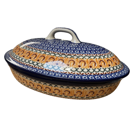 Vase cu capac - Vas oval cuptor cu capac, Morning Sunrise, ceramica smaltuita, pictat manual