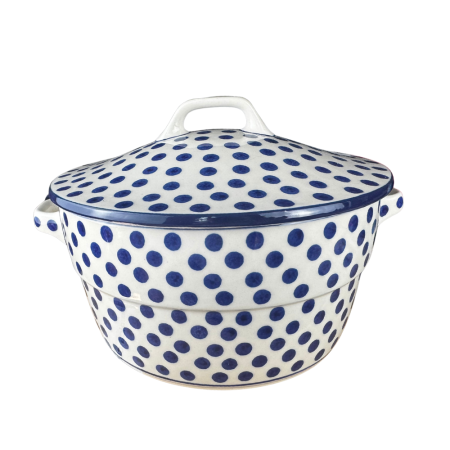 Colectia Blue Dots - Vas rotund cuptor cu capac si manere, Blue Dots, ceramica smaltuita, pictata manual, volum 1,75 l