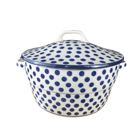 Vas rotund cuptor cu capac si manere, Blue Dots, ceramica smaltuita, pictata manual, volum 1,75 l [2]