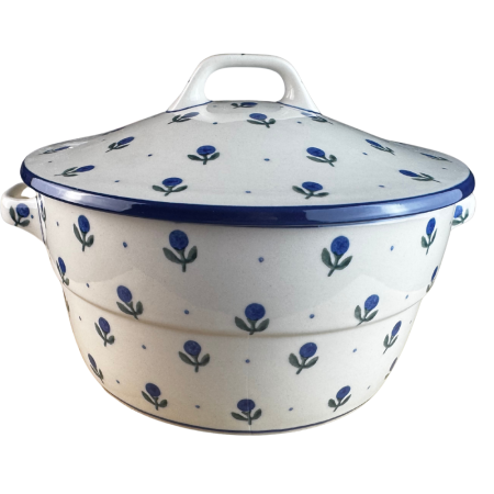 Colectia Blue Spring - Vas rotund cuptor cu capac si manere, Blue Spring, ceramica smaltuita, pictata manual, volum 1,75 l