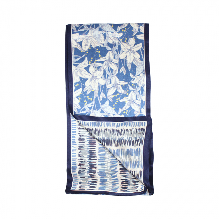 Eșarfă șal cu două fețe 15 cm / 145 cm, din mătase naturală Mulberry Charmeuse, Lilies on Stripes [1]