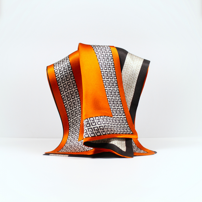 Eșarfă șal cu două fețe 15 cm / 145 cm, din mătase naturală Mulberry Charmeuse, Marine on Orange [2]