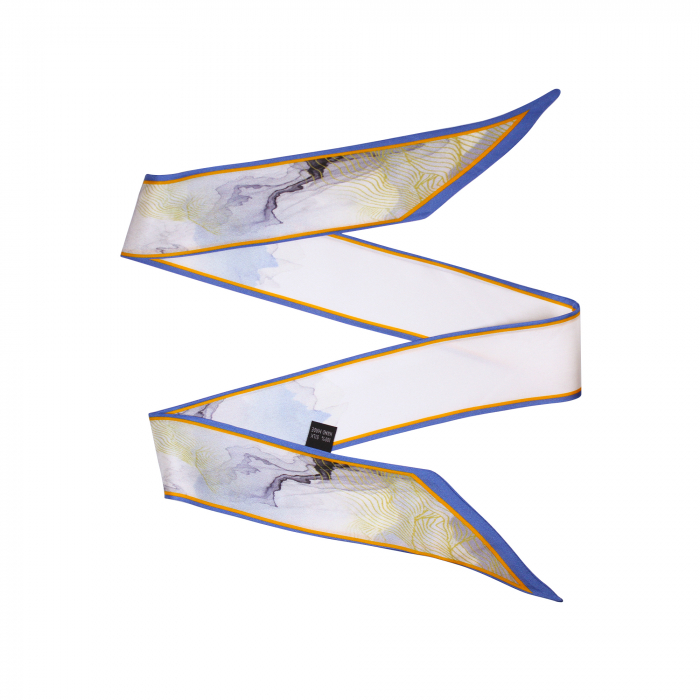 Eșarfă twilly Zefir Alb® 6 cm / 125 cm, din mătase naturală Mulberry Twill, Asian Abstract [1]