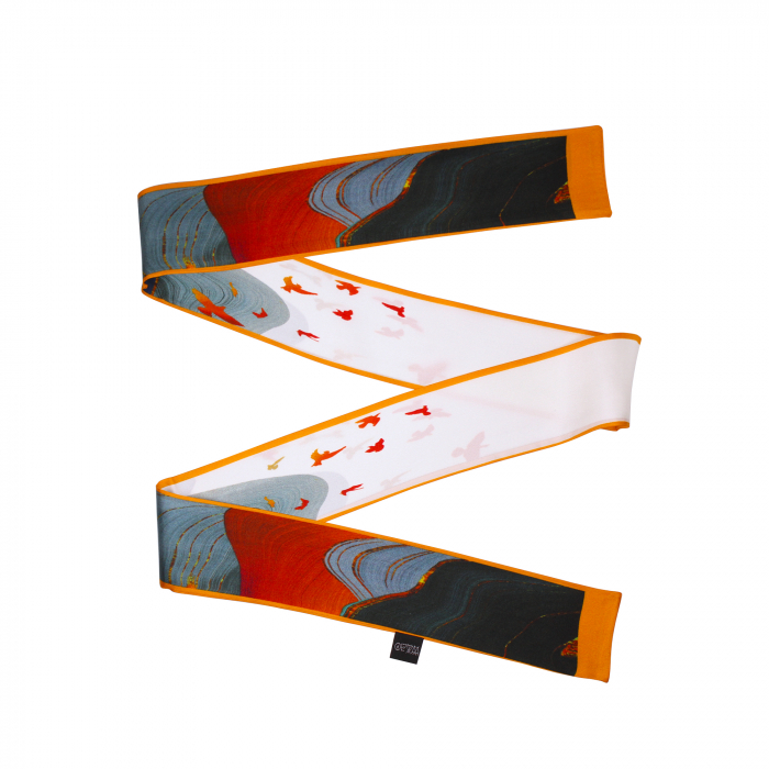 Eșarfă twilly Zefir Alb® 6 cm / 125 cm, din mătase naturală Mulberry Twill, Asian Birds [1]