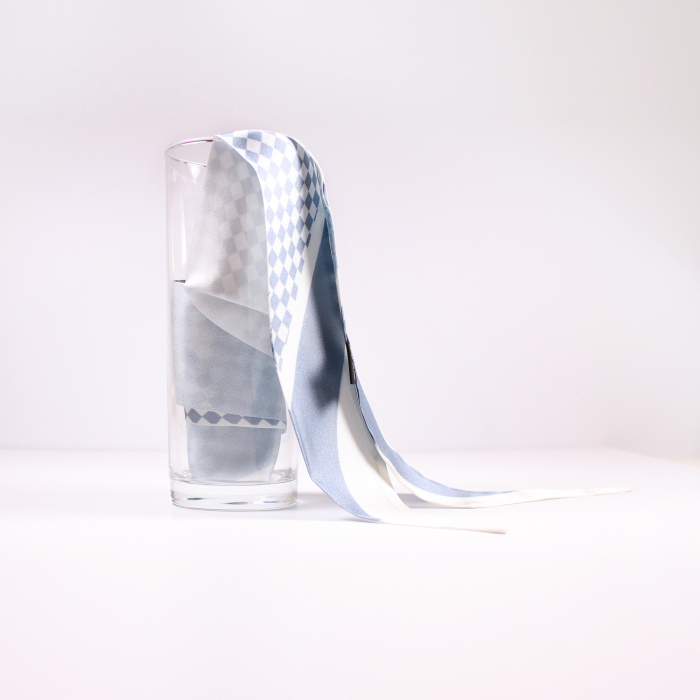 Eșarfă twilly Zefir Alb® 6 cm / 125 cm, din mătase naturală Mulberry Twill, Asian Chess [2]