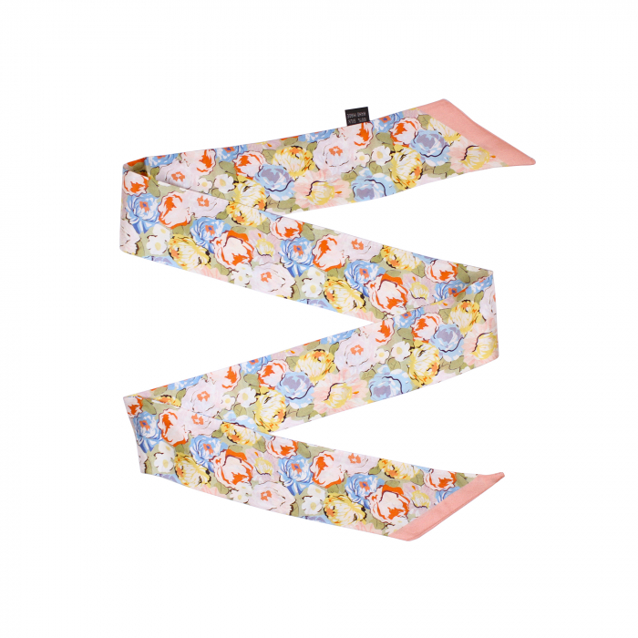 Eșarfă twilly Zefir Alb® 6 cm / 125 cm, din mătase naturală Mulberry Twill, Asian Flowers [1]