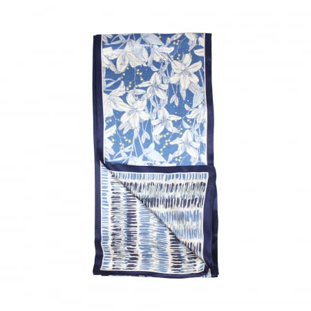 Eșarfă șal cu două fețe 15 cm / 145 cm, din mătase naturală Mulberry Charmeuse, Lilies on Stripes