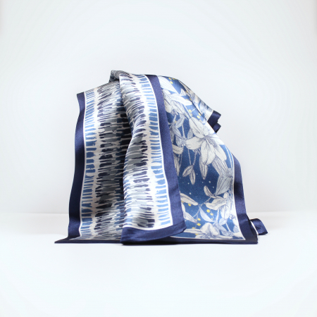 Eșarfă șal cu două fețe 15 cm / 145 cm, din mătase naturală Mulberry Charmeuse, Lilies on Stripes [1]