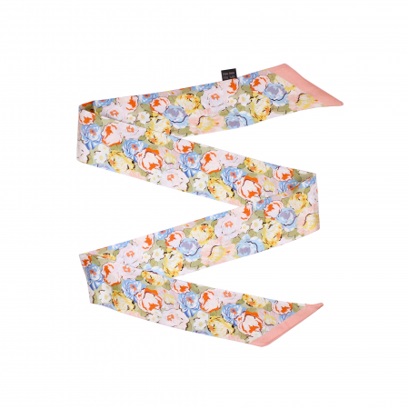 Eșarfă twilly Zefir Alb® 6 cm / 125 cm, din mătase naturală Mulberry Twill, Asian Flowers