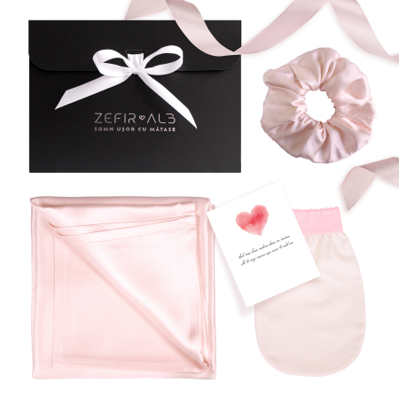 Accesorii de par matase Mulberry - Set cadou februarie din mătase – față de pernă, eșarfă și lumânare