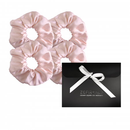 Accesorii de par matase Mulberry - Set 4 accesorii de par SHI-NI HAIR din matase naturala Mulberry, Pink