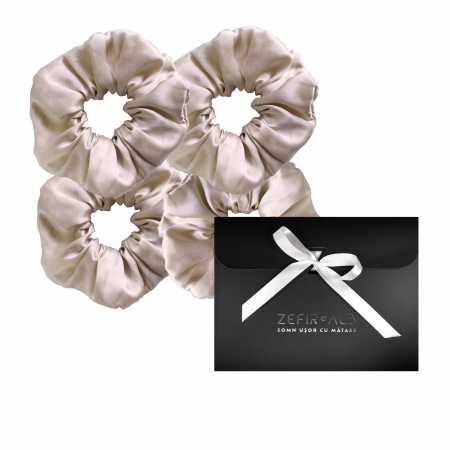 Accesorii de par matase Mulberry - Set 4 accesorii de par SHI-NI HAIR din matase naturala Mulberry, Sand