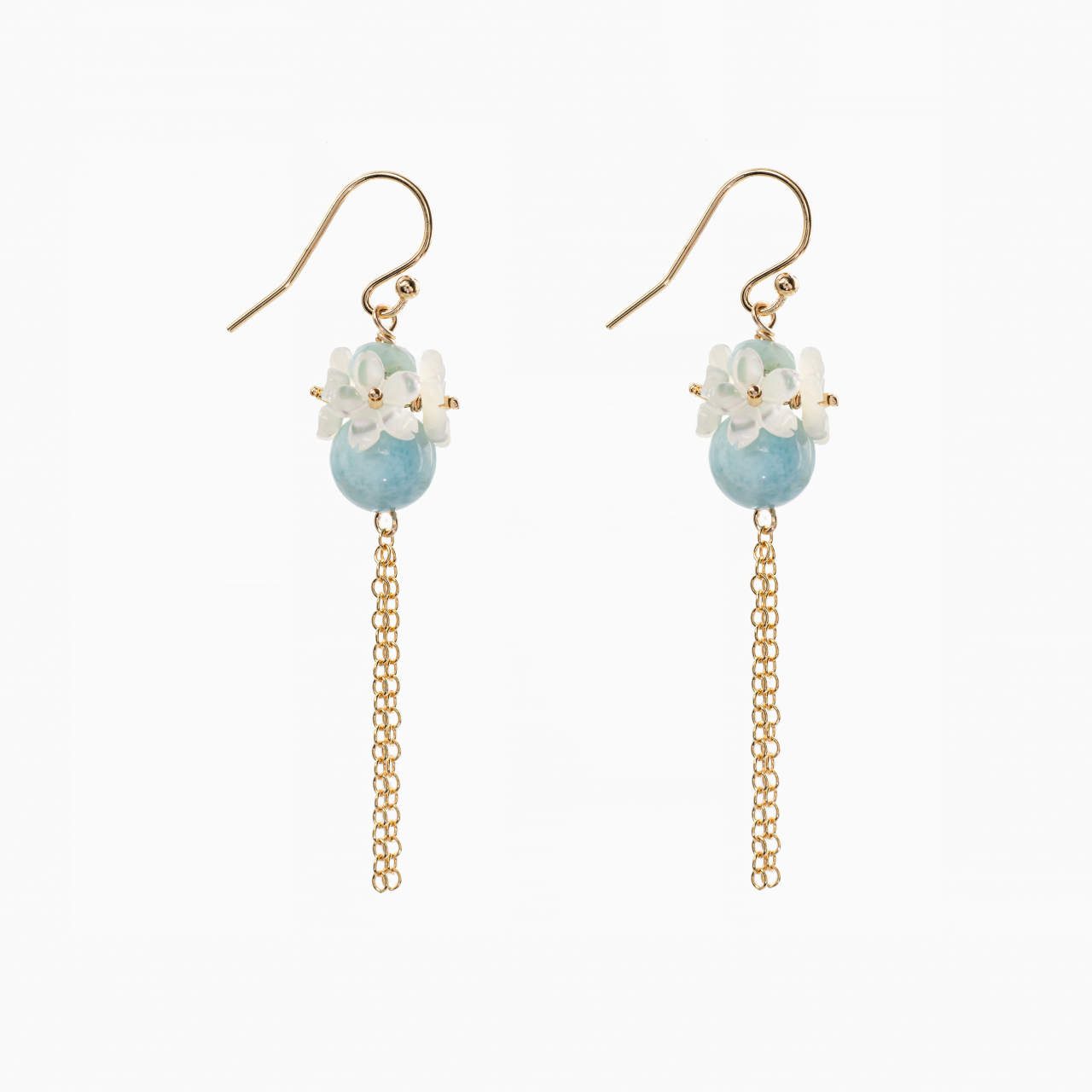 Cercei Gold filed 1/20 pietre semipretioase larimar 8 mm si 5 mm flori din sidef lungime 5 cm [1]