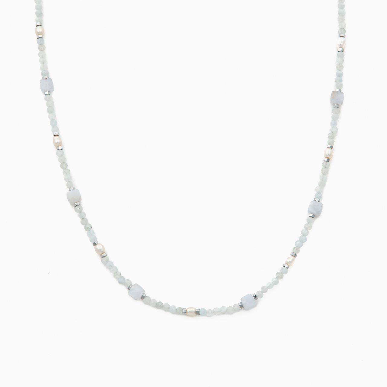 Colier argint pietre semipretioase acvamarin microfatetat 2 mm cubulete din calcedonie, perlute de cultura si accente din hematit lungime 42 cm [2]