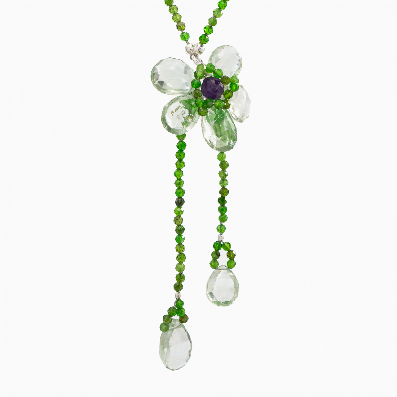 Colier argint pietre semipretioase cromdiopsid microfatetat 2,5 mm cu floare din briolete de ametist verde lungime 49 cm [2]