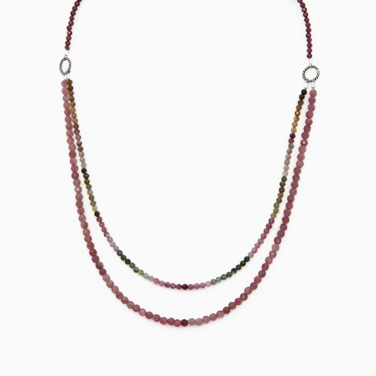 Colier argint pietre semipretioase granat microfatetat 2.5 mm, turmalina roz si turmalina multicolora lungime 42 cm [1]