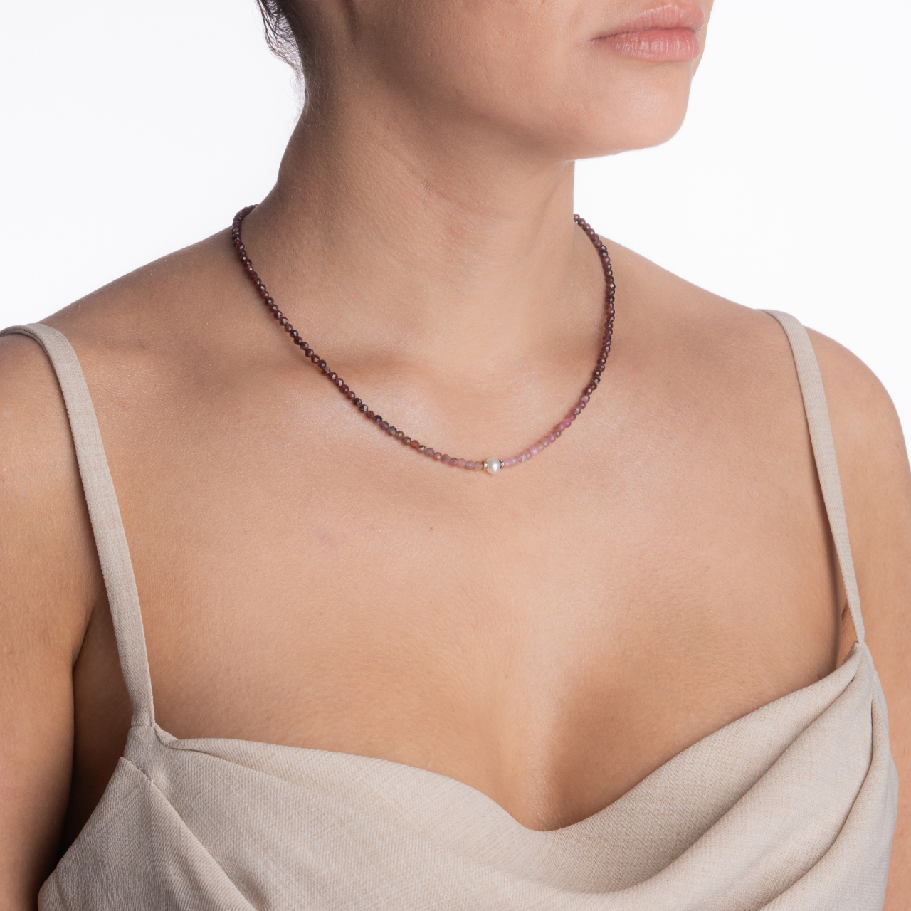 Colier argint pietre semipretioase granat microfatetat 3 mm turmalina roz si perla de cultura lungime 42 cm [4]