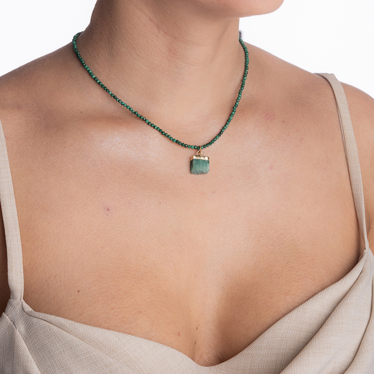 Colier argint pietre semipretioase malachit microfatetat 2,5 mm cu pandantiv din agat verde lungime 40 cm [3]