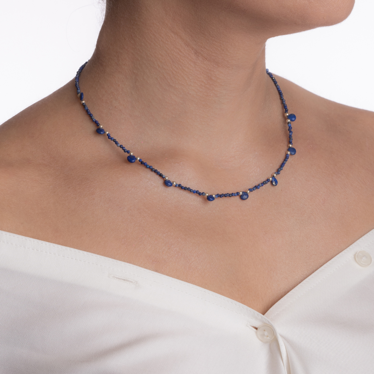 Colier argint pietre semipretioase microfatetate lapis lazuli 2 mm  lungime 40 cm [3]