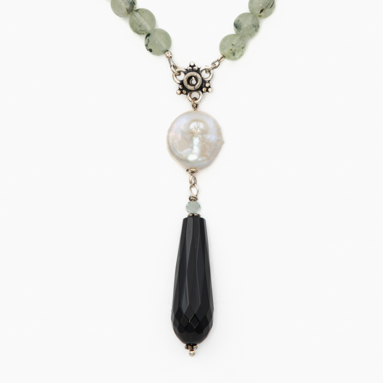 Colier argint pietre semipretioase prehnit 5 mm, onix si perla naturala  lungime 58 cm [2]