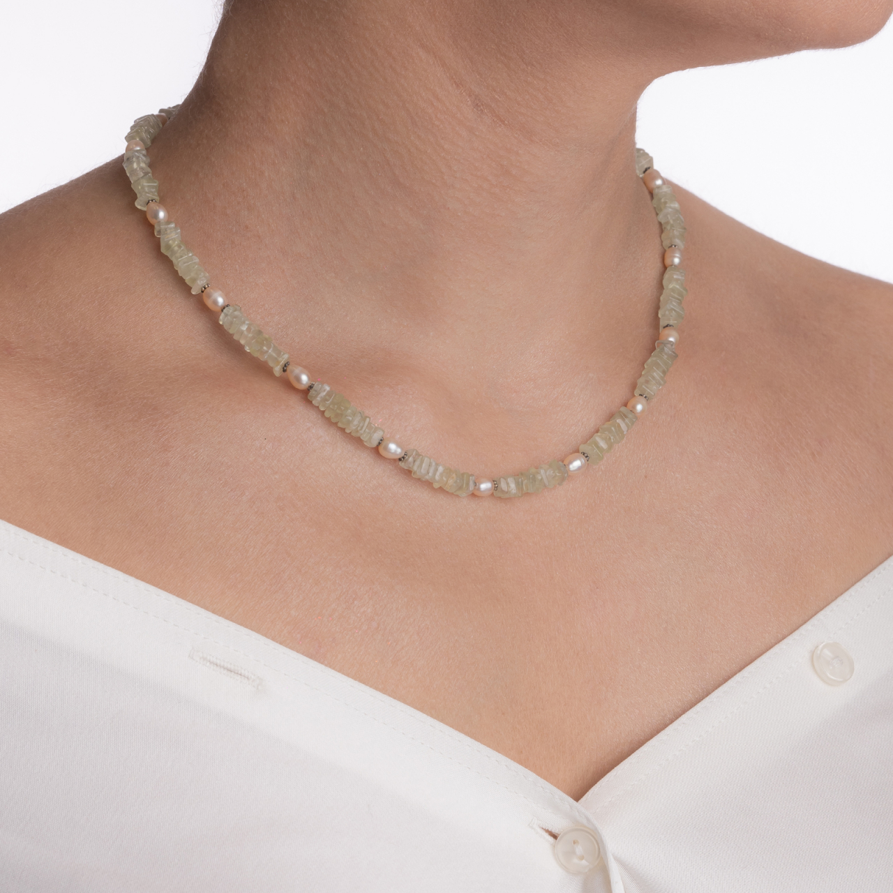 Colier argint pietre semipretioase prehnit rotunde de 6 mm, perla de cultura, onix  lungime 58 cm [3]