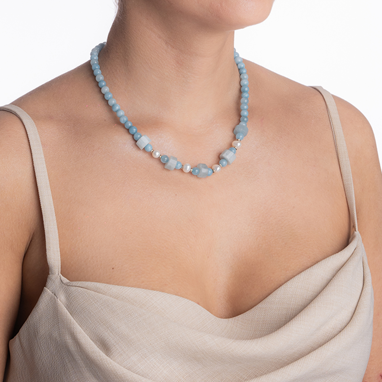 Colier argint pietre semipretioase rotunde angelit 6 mm,  discuri de 11 mm si perle de cultua lungime 42 cm [3]