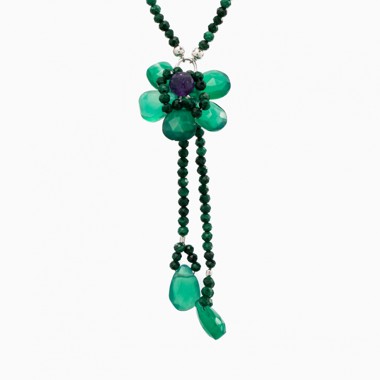 Colier argint pietre semipretioase malachit microfatetat 2,5 mm floare din briolete de onix verde lungime 49 cm [2]