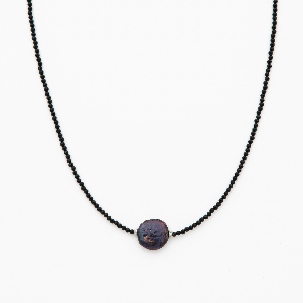 Colier argint pietre semipretioase spinel negru microfatetat 2,5 mm cu perla cultura cu irizatii mov lungime 42 cm [1]