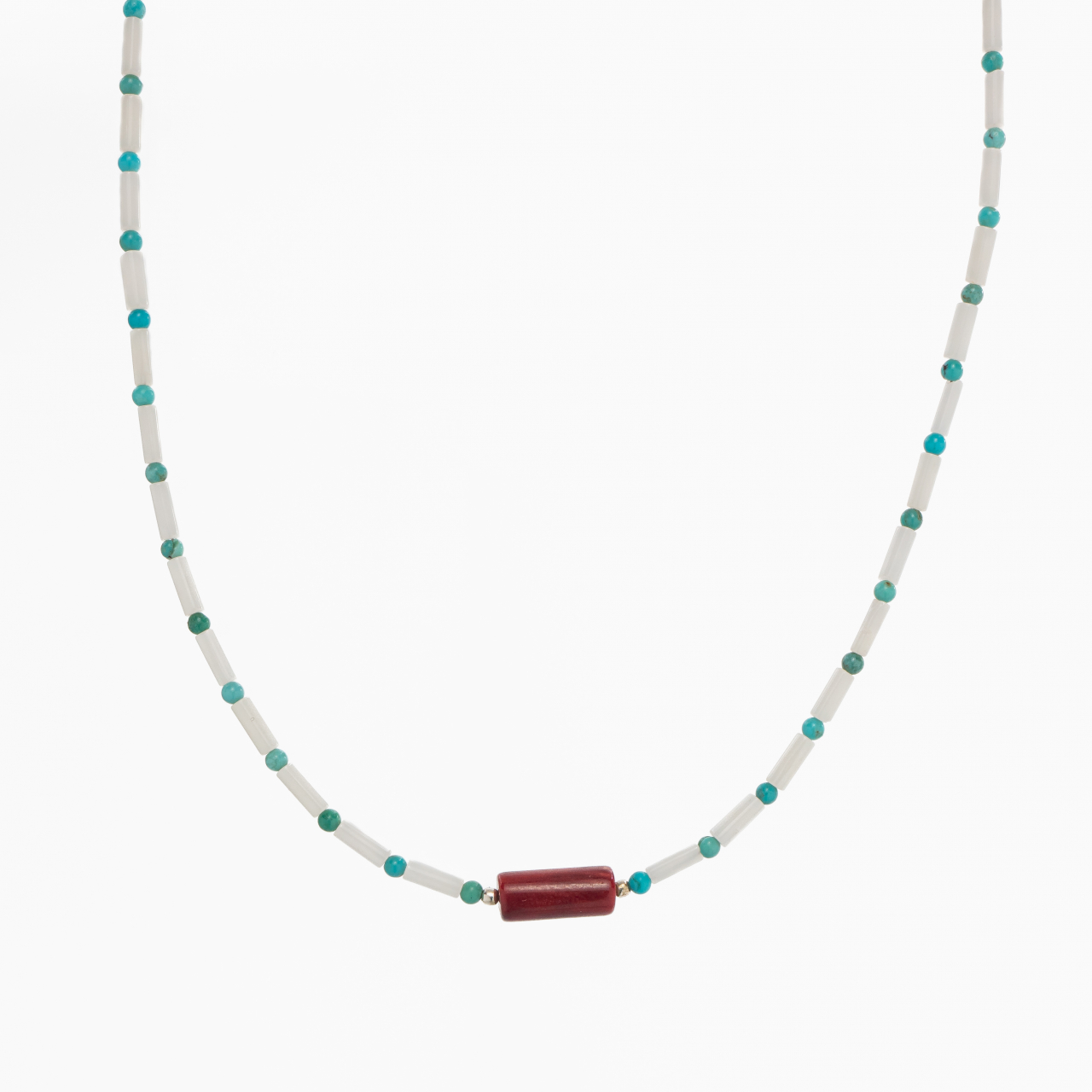 Colier argint pietre semipretioase turcuaz de 2 mm coral alb  si coral rosu lungime 41 cm [1]