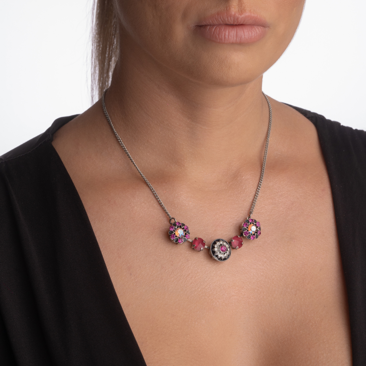 Colier cristale Austria gama culori roz fucsia montate in casete argint antichizat [4]