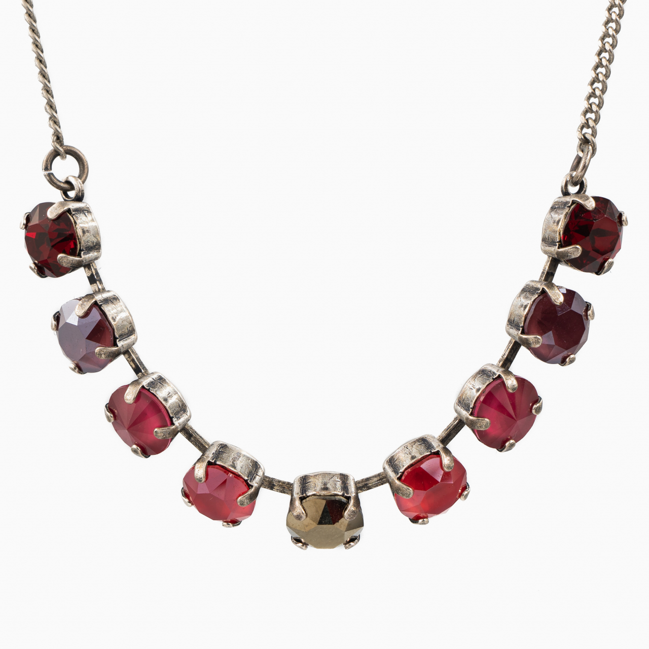 Colier cristale Austria multicolore rosii 8 mm montate in casete placate cu argint antichizat [2]