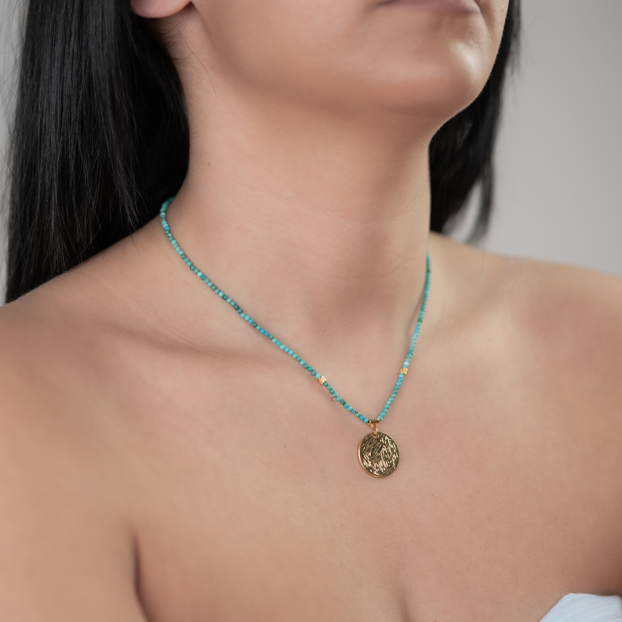 Colier pietre semipretioase turcuaz natural 2,5 mm accesoriu banut placat cu aur 24k lungime 42 cm [3]
