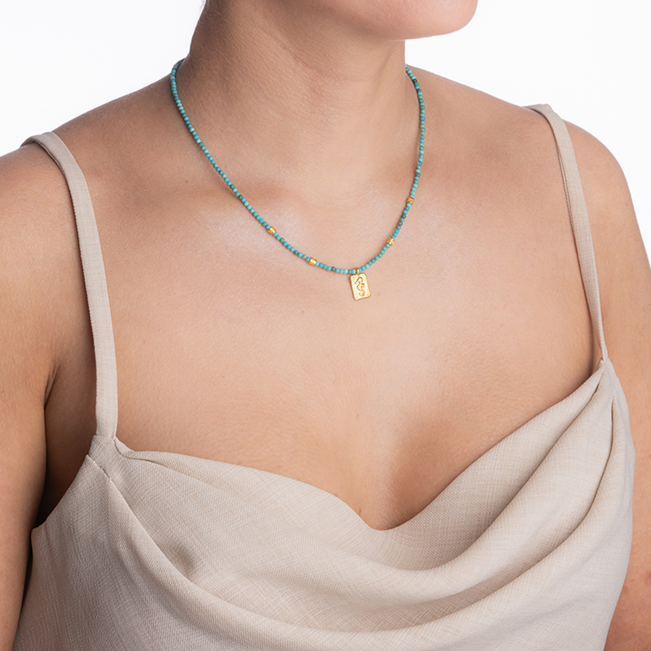 Colier pietre semipretioase turcuaz natural 2,5 mm accesoriu calut de mare placat cu aur 24k lungime 42 cm [5]