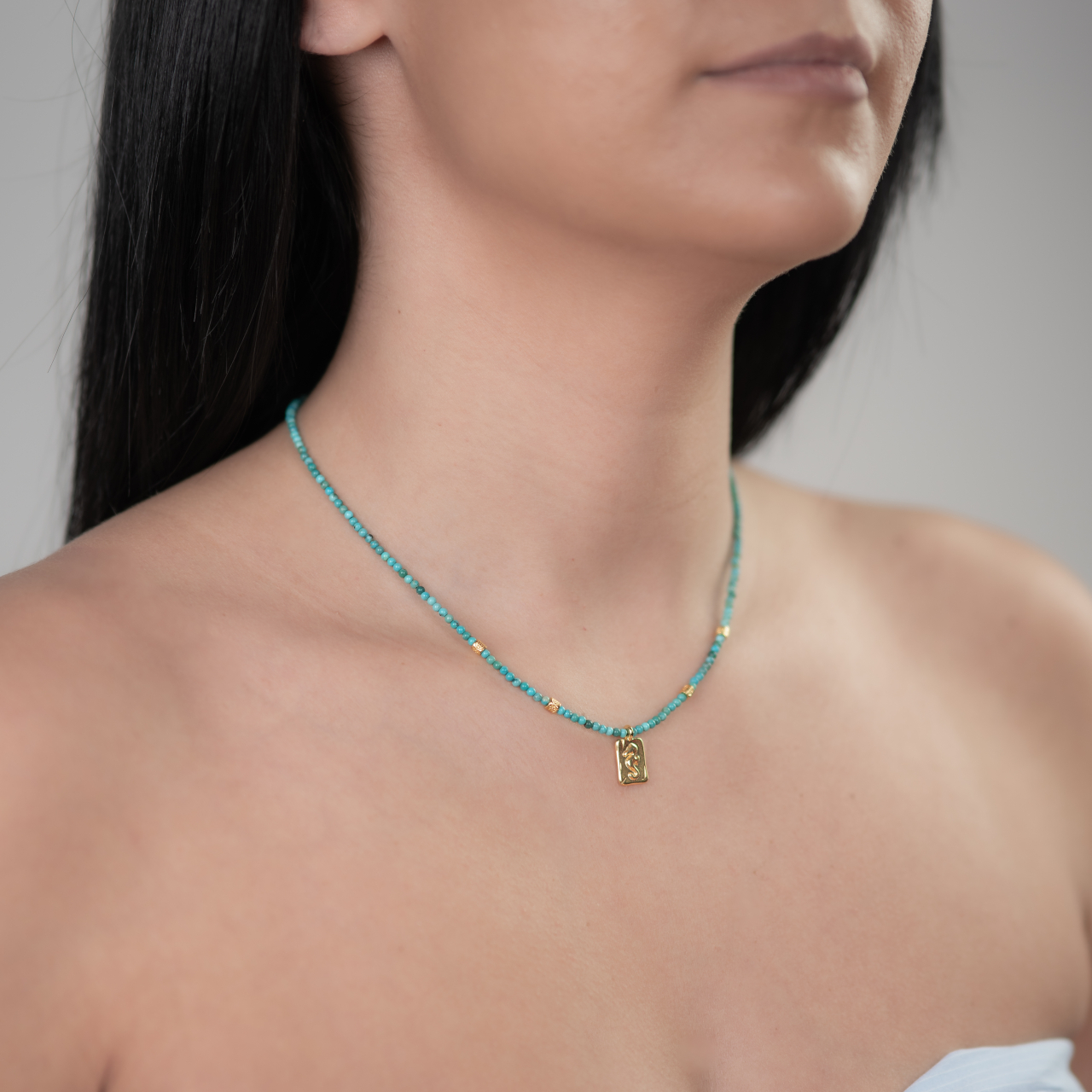 Colier pietre semipretioase turcuaz natural 2,5 mm accesoriu calut de mare placat cu aur 24k lungime 42 cm [3]