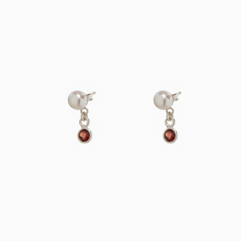 Cercei dama - Cercei argint perla de cultura 4 mm si cristale rosii