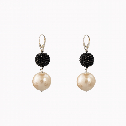 Oversized Finesse Collection - Cercei argint pietre semipretioase bila spinel negru 14 mm, bila aurie tip perla Japonia 20 mm 