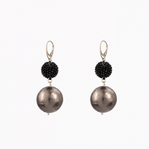 Oversized Finesse Collection - Cercei argint pietre semipretioase bila spinel negru 14 mm, bila bronz tip perla Japonia 25 mm 