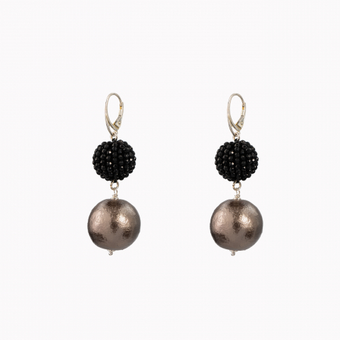 Oversized Finesse Collection - Cercei argint pietre semipretioase bila spinel negru 14 mm, bila bronz tip perla Japonia 25 mm 