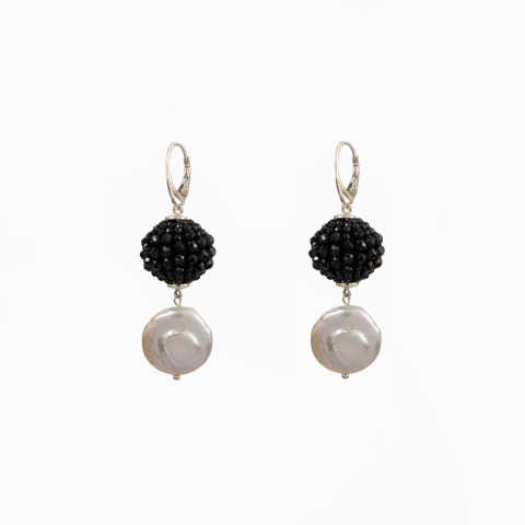 Oversized Finesse Collection - Cercei argint pietre semipretioase bila spinel negru 20 mm, perla cultura disc 14 mm 