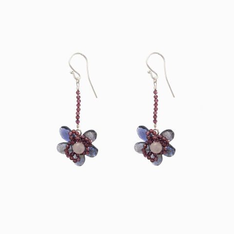 Colectia Stone Flowers - Cercei argint pietre semipretioase iolit briolete cuart roz granat microfatetat  2 mm