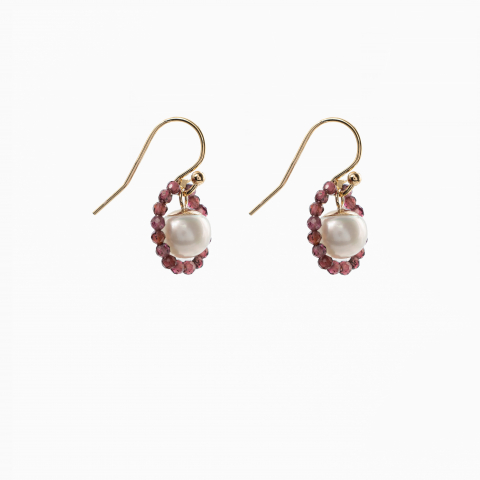 Colectia Pure Pearls - Cercei Gold filed 1/20 pietre semipretioase granat microfatetat 2 mm perla de cultura 7  lungime 2.5 cm