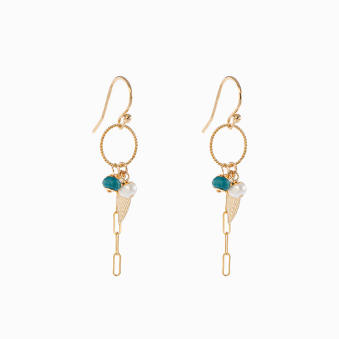 Colectia Pure Pearls - Cercei perle cultura 4 mm apatit 4 mm cu frunze si lant paperclip, Gold filled 1/20 14K