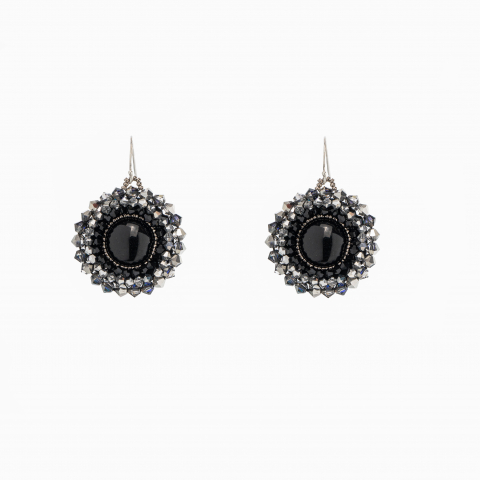 Cercei dama - Cercei rotunzi cristale cehesti argintii cabochons  negru D 14 m
