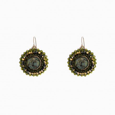 Cercei dama - Cercei rotunzi cristale cehesti aurii cabochons  green spotted D 14 m