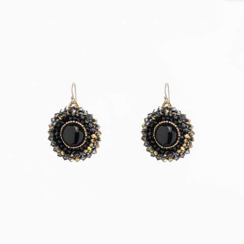 Cercei dama - Cercei rotunzi cristale cehesti aurii cabochons negru D 14 m