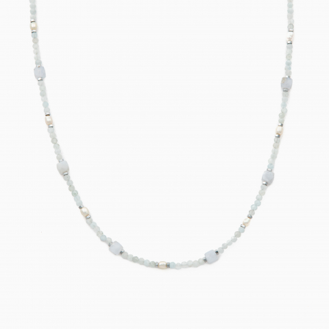 Colier argint pietre semipretioase acvamarin microfatetat 2 mm cubulete din calcedonie, perlute de cultura si accente din hematit lungime 42 cm [1]
